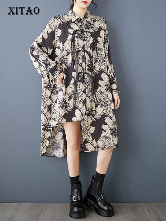 XITAO Irregular Single Breasted Full Sleeve Dress Casual Print Loose Fitting A-line Chinese Style Autumn Women Dress GMM1306