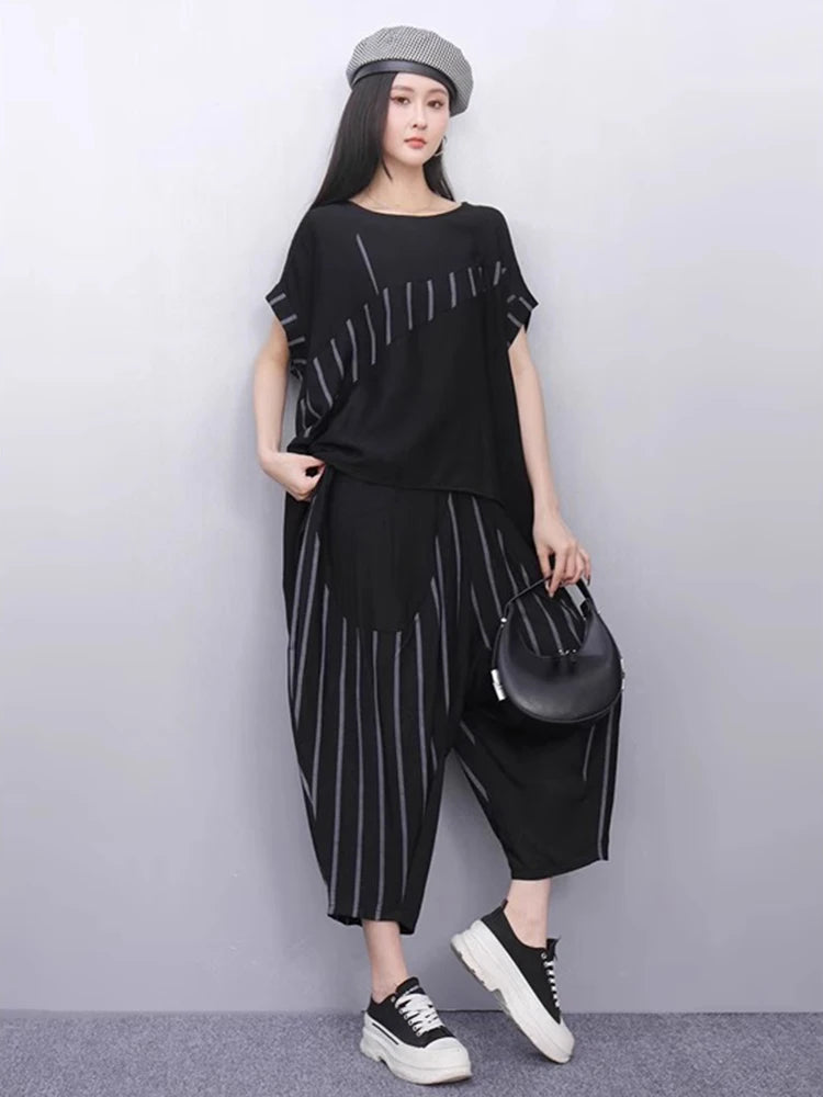 XITAO Asymmetrical Stripe Patchwork O-neck Sets Casual Loose Fitting Short Sleeve Pullover Simple Summer Female Set ZMY1326