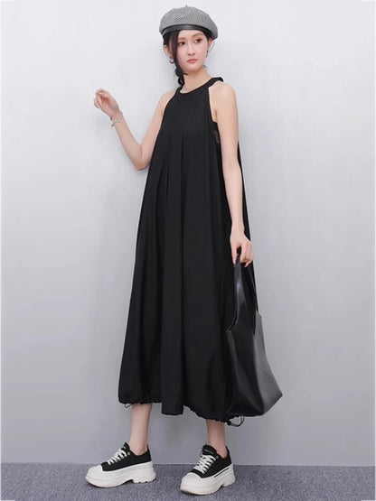 XITAO Pleated Drawstring O-neck Dress Casual A-line Sleeveless Loose Fitting Slimming Solid Color Fashion Summer Dress ZMY1184
