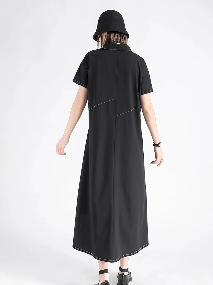 XITAO Asymmetrical Patchwork Pocket Dress Single Breasted Solid Color Short Sleeve Vintage Casual Match Slimming Dress ZMY1339
