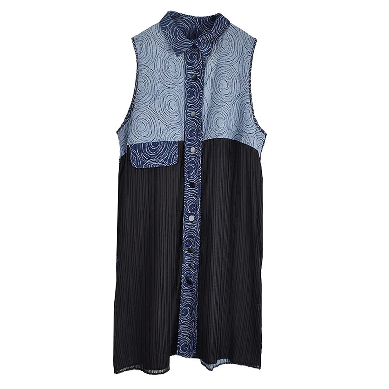 XITAO Patchwork Single Breasted Sleeveless Dress Turn-down Collar A-line Casual Pocket New Personality Female Dress GYX1522