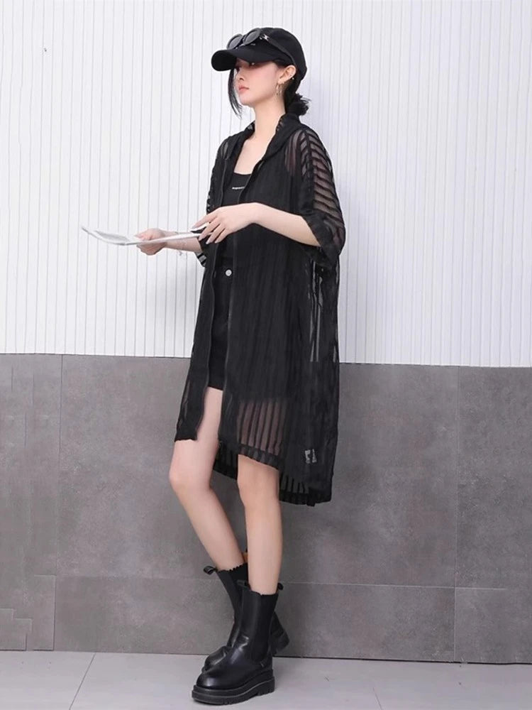 XITAO Sheer Hooded Gauze Zipper Dress Solid Color Pocket Patchwork Striped Loose Temperament All Match Slimming Dress ZMY1181