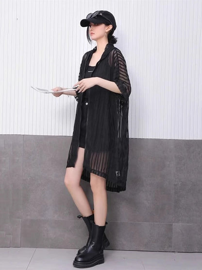 XITAO Sheer Hooded Gauze Zipper Dress Solid Color Pocket Patchwork Striped Loose Temperament All Match Slimming Dress ZMY1181