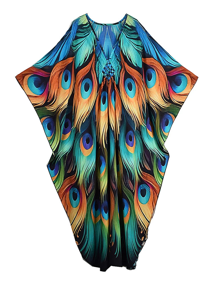 XITAO Print Vintage V-neck Dress Temperament Pullover Loose Side Slit Bat Wing Sleeve Summer Woman Ankle-length Dress GJ1205