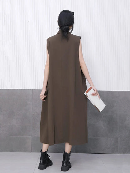 XITAO Mesh Perspective Sleeveless Dress Single Breasted Patchwork Turn-down Collar Loose Mid-calf A-line Casual Dress GYX1528