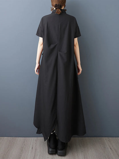 XITAO Irregular Solid Color Pleated Dress Drawstring Turn-down Collar Short Sleeve Slimming All-match Temperament Dress ZY8943