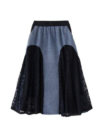 XITAO Lace Patchwork Contrast Color Skirt Pocket Elastic Waist Loose Casual Ankle-Length All Temperament Slimming Skirt HQQ2466