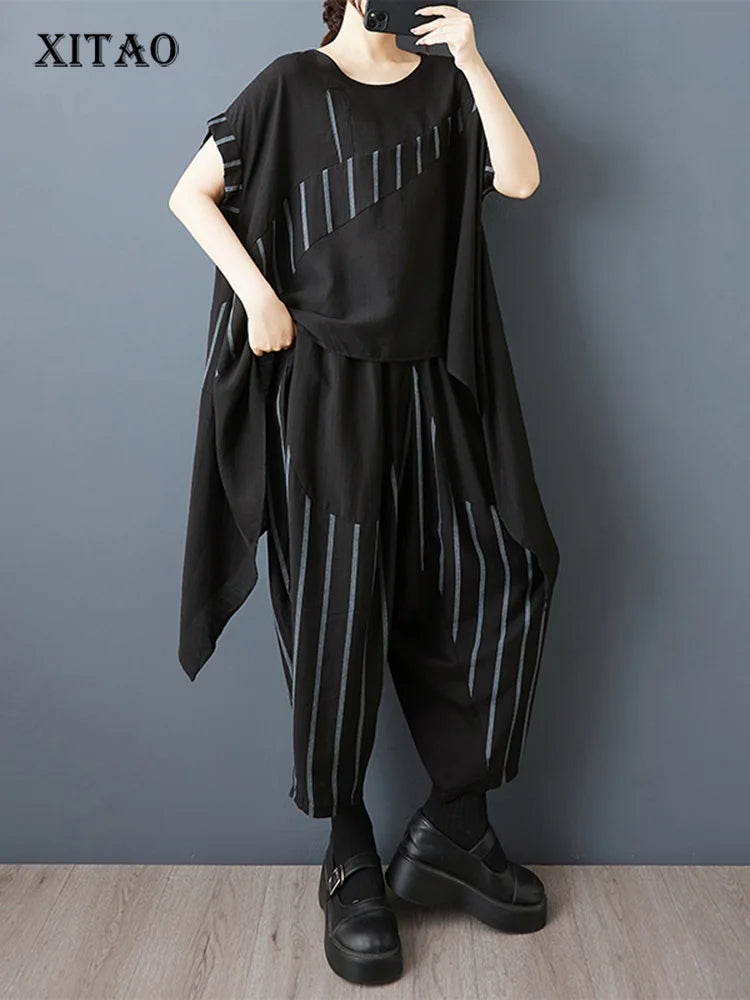 XITAO Irregular Striped Print Sets Patchwork O-neck Short Sleeve Loose Slimming Elastic Waist Two-piece Woman Sets ZMY1318