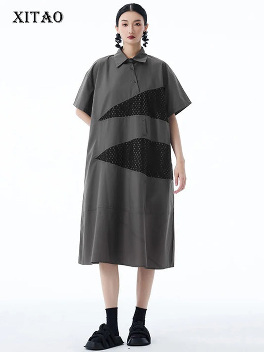 XITAO A-line Short Sleeve Loose Dress Slimming Temperament Patchwork Turn-down Collar Fashion Vintage Summer Woman Dress HQQ2511
