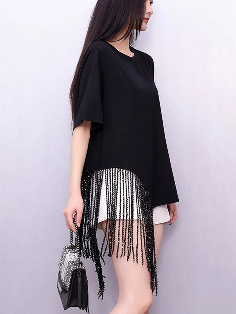 XITAO Loose Tassels Asymmetric Women T-shirt Fashion Trend Short Sleeve O-neck Women Temperament All-match Simple Top ZMY1176