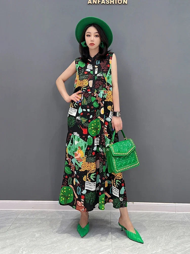 XITAO Sleeveless Stand Collar Shirt Dress Vintage Fashion Print Contrast Color Pattern Loose Casual Women Dress WMD7044