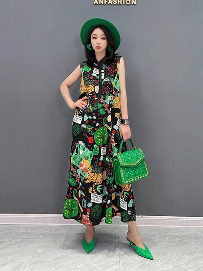XITAO Sleeveless Stand Collar Shirt Dress Vintage Fashion Print Contrast Color Pattern Loose Casual Women Dress WMD7044