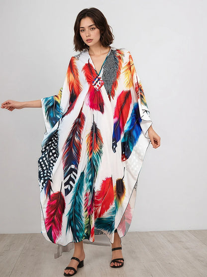 XITAO Contrast Color Printing Cartoon Women Dress Beach Thin Comfortable Bat Sleeve V-neck Pullover Fashion Casual Dress GJ1207