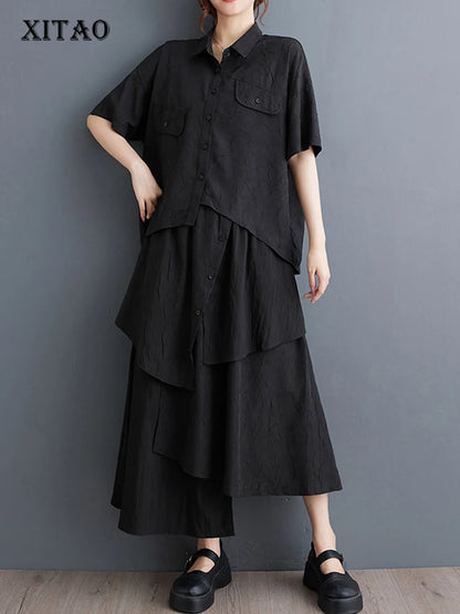 XITAO Irregular Pocket Button Single Breasted Matching Set Casual Loose Fitting Elastic Waist Turn-down Collar Women Set GYX1629