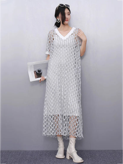 XITAO Hollow Out V-neck A-line Dress Short Sleeve Casual Loose Slimming All Match New Personality Summer Women Dress HQQ2467