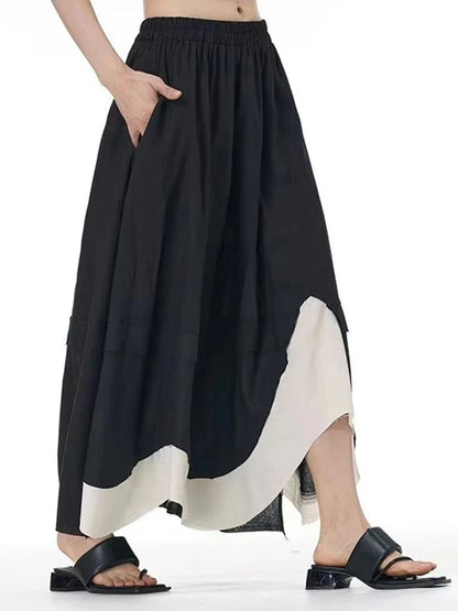 XITAO Contrast Color Patchwork Pocket Asymmetrical Skirt Elastic Waist Loose Slimming Casual A-line Mid-calf Skirt HQQ2447