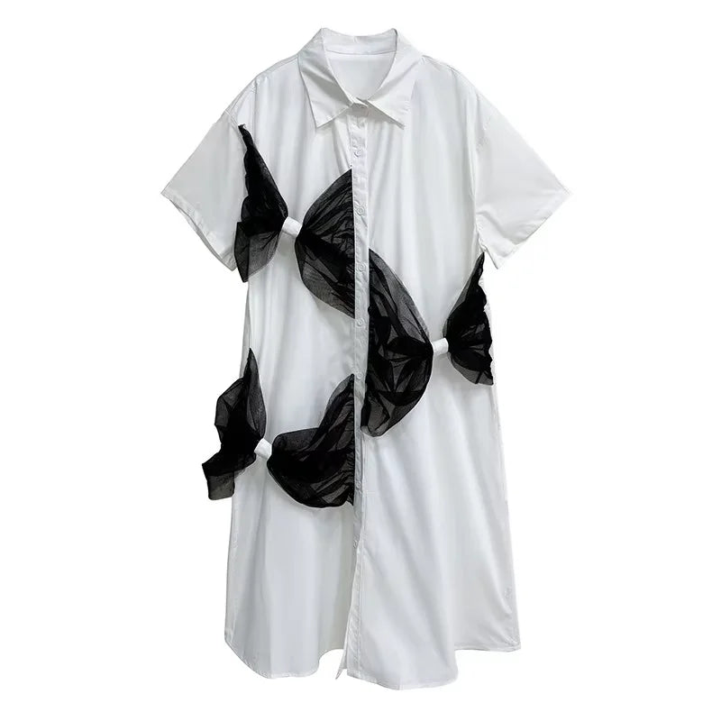 XITAO Bow Mesh Single Breasted Lapel Female Dress Casual Solid Color Short Sleeve Leisure A-line Mid-calf Summer Dress HQQ2458