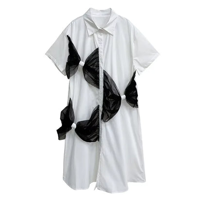 XITAO Bow Mesh Single Breasted Lapel Female Dress Casual Solid Color Short Sleeve Leisure A-line Mid-calf Summer Dress HQQ2458