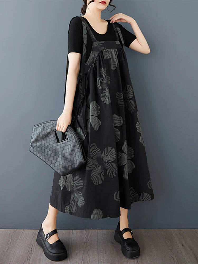 XITAO Print Straps Fold Flower A-line Dress Casual Sleeveless Mid-calf Square Neck Loose Simple Summer Women Dress GMM1327