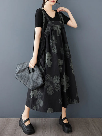 XITAO Print Straps Fold Flower A-line Dress Casual Sleeveless Mid-calf Square Neck Loose Simple Summer Women Dress GMM1327