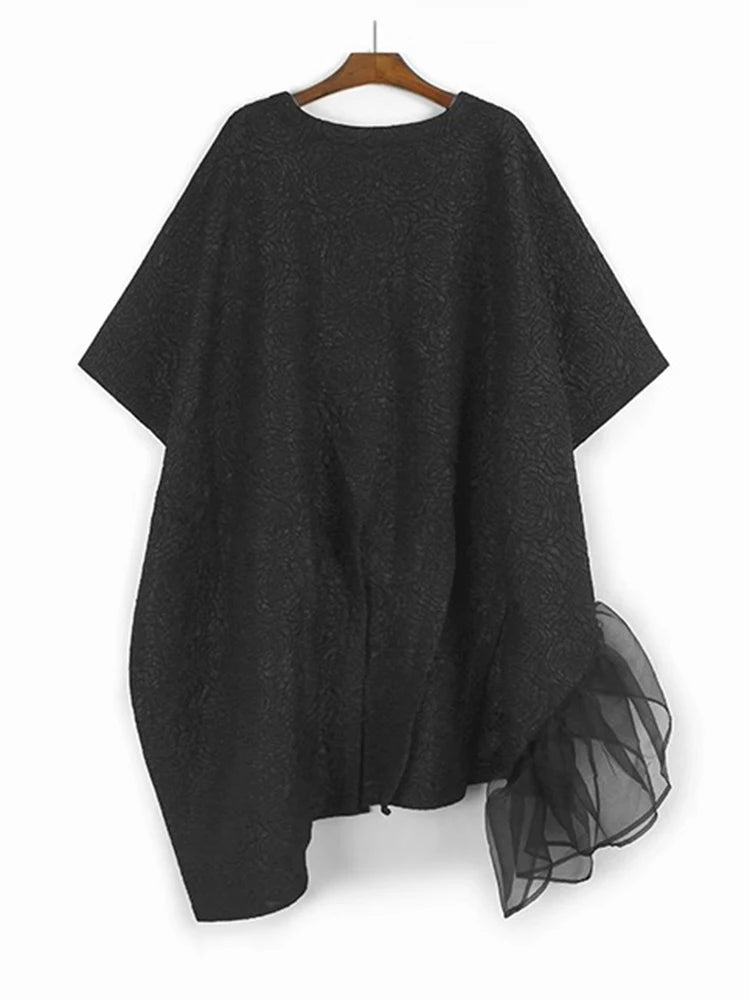 XITAO Irregular Flower O-neck Female Dress Fashion Asymmetric Folds Patchwork Women Simple Temperament A-line Dress ZMY1189