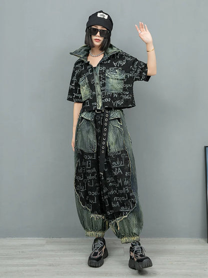 XITAO Letter Print Pocket Patchwork Pant Sets Single Breasted Turn-down Collar Half Sleeve Top Elastic Waist Loose Pant GYX1579