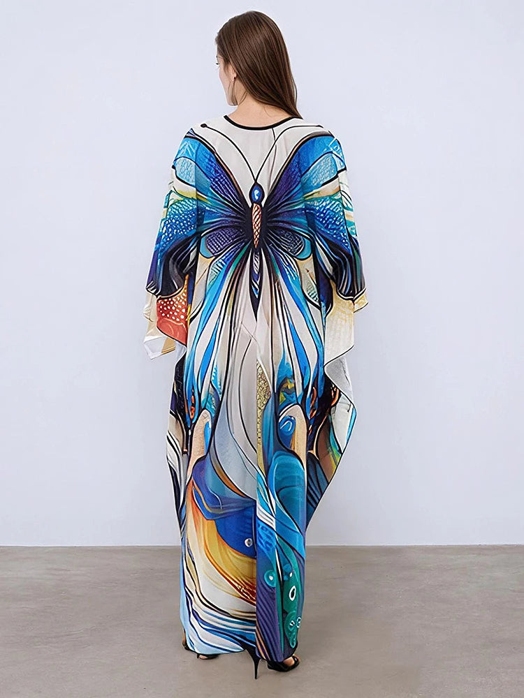 XITAO Pullover Contrast Color Dress Bat Wing Sleeve V-neck Butterfly Print Fashion Loose Vintage Summer Woman Dress  GJ1164