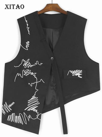 XITAO Irregular Embroidery Female V-neck Button Vest Casual Loose Fitting Sleeveless Lace-up Fashion Simple Women Vest HQQ2456