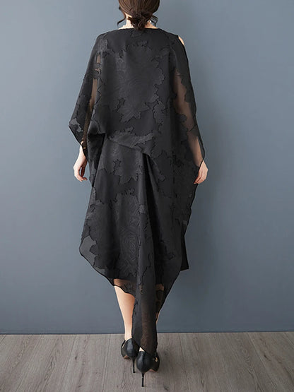 XITAO Asymmetrical Side Split Hollow Out Fold Women Dress Gauze Patchwork O-neck Pullover Loose Mid-calf Casual Dress ZMY1048