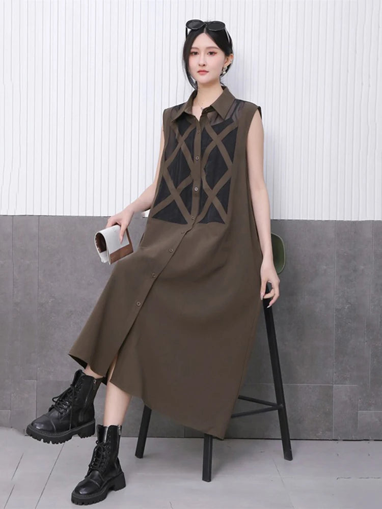 XITAO Mesh Perspective Sleeveless Dress Single Breasted Patchwork Turn-down Collar Loose Mid-calf A-line Casual Dress GYX1528