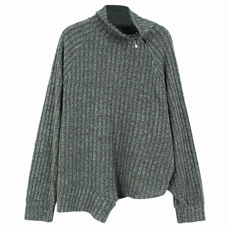 XITAO Zipper Patchwork Asymmetrical Pullovers Knitting Loose Solid Color Long Sleeve Sweaters All Match 2024 Autumn New DMJ4185