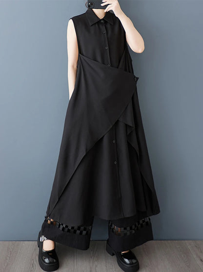 XITAO Patchwork Single Breasted Lapel Dress Casual Solid Color Sleeveless Fashion Loose Fitting Sweet Spring Women Dress GYX1530