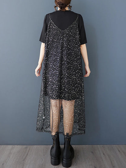 XITAO Mesh Sequin Short Sleeve Dress Casual Loose Fitting Two-piece New Arrival Solid Color A-line Summer Women Dress ZMY1194