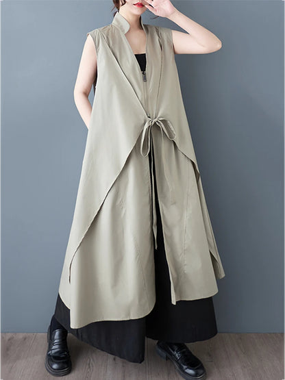 XITAO Zipper Patchwork V-neck Dress Casual Sleeveless Lace-up A-line New Arrival Sweet Simple Leisure Spring Women Dress ZY8937