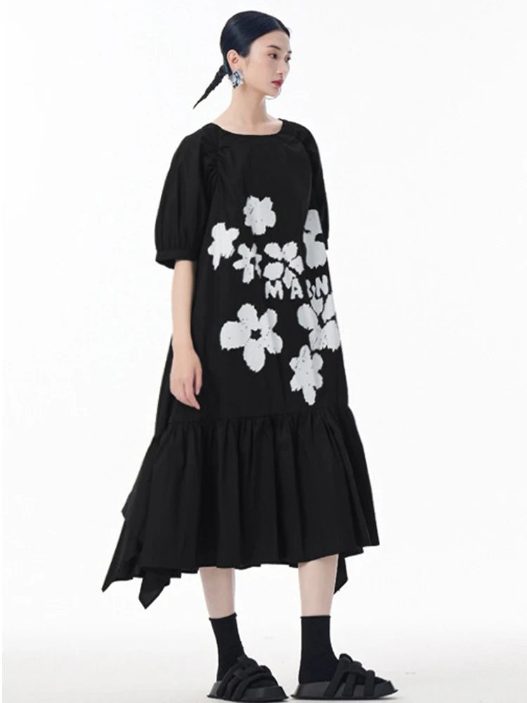 XITAO Ruffles Flower A-line Dress Puff Sleeve Casual Loose Fitting Vintage New Chinese Style Slimming Summer Women Dress ZY8933
