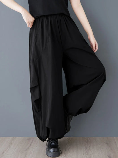 XITAO Shirring Pocket Patchwork Pant Solid Color Elastic Waist Casual Slimming All Match Loose Wide Leg Pants Spring ZY8935