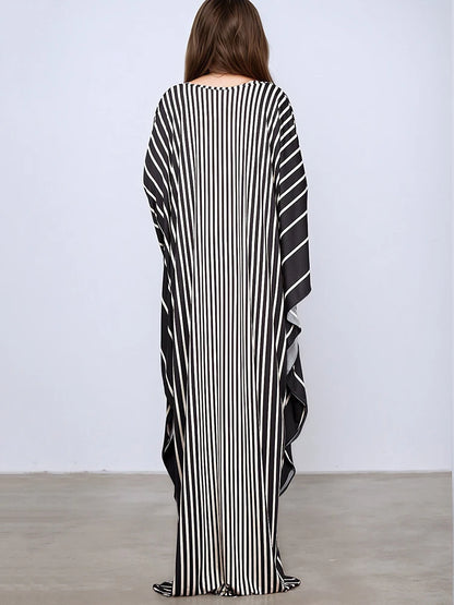 XITAO Stripe Print V-neck Dress Batwing Sleeve A-line Full Sleeve Personality Pullover Fashion Goddess Summer Women Dress GJ1151