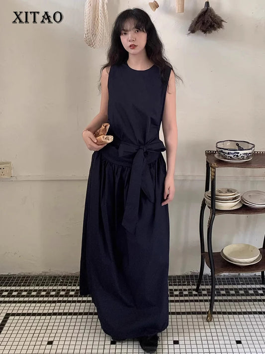 XITAO Solid Color Sleeveless Dress Drawstring Simple O-neck Loose Personality New Arrival Slimming Summer Woman Dress ZMY1400