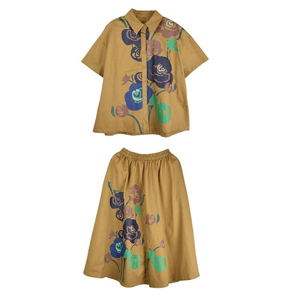 XITAO Print Flower Single Breasted Skirt Set Casual Loose Short Sleeve Turn-down Collar A-line Vintage Spring Women Set GYX1601