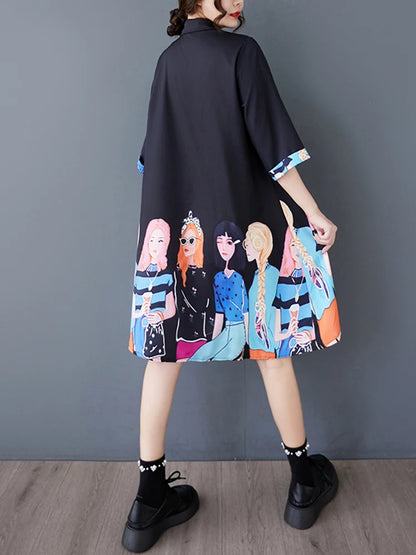 XITAO Print Single Breasted Loose Female Dress Half Sleeve Turn-down Collar Casual Cartoon Summer Women Irregular Dress ZMY1218