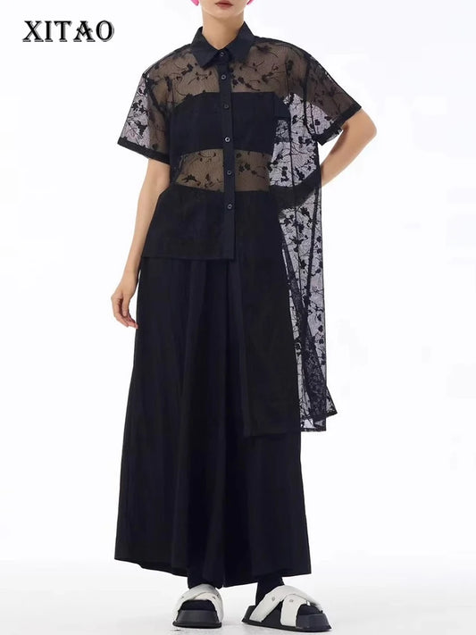 XITAO Asymmetrical Perspective Dress Single Breasted Turn-down Collar Solid Color Short Sleeve Casual Match Shirt Dress ZMY1374