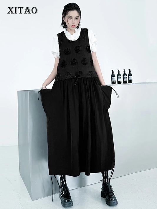 XITAO Loose Flower Patchwork Dress Casual Solid Color Pocket Drawstring Women O-neck Sleeveless Simple Temperament Dress HQQ2468