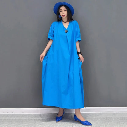 XITAO Casual V-neck Pocket Female Dress Loose Solid Color A-line Slimming Women Simple Temperament Short Sleeve Dress ZMY1079