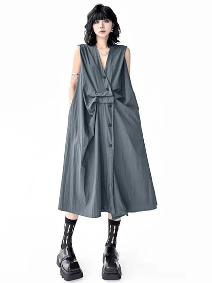 XITAO Women Sleeveless Vintage Dress V-neck Loose Casual Single Breasted Solid Color Slimming Summer Female Dress ZMY1393
