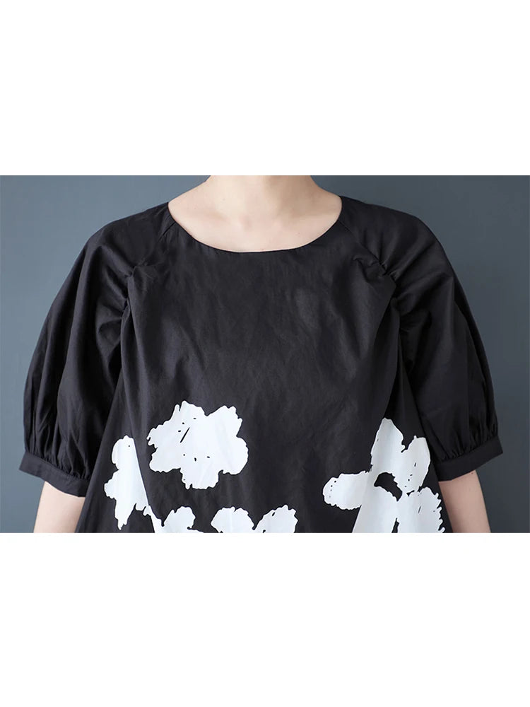 XITAO Asymmetrical Patchwork Print Folds Dress O-neck Pullover Short Sleeve Loose A-line Slimming Casual All Match GYX1623