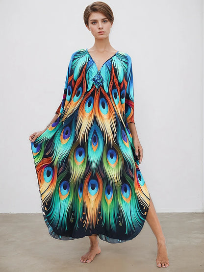 XITAO Print Vintage V-neck Dress Temperament Pullover Loose Side Slit Bat Wing Sleeve Summer Woman Ankle-length Dress GJ1205