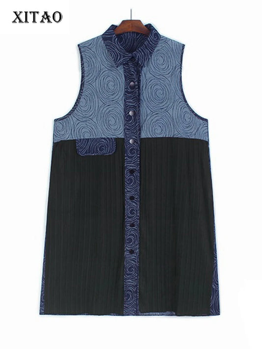 XITAO Casual Patchwork Sleeveless Dress Loose Fashion Irregular Folds Women Simple Temperament A-line Shirt Dress HQQ2439