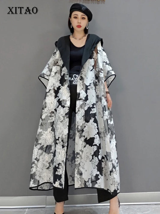XITAO Hooded Gauze Patchwork Trench Print Half Sleeve New Temperament Casual Loose All-match Summer Cardigans Trench ZMY1279