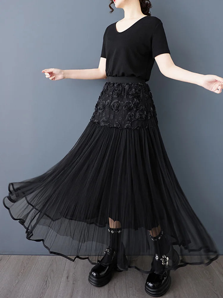 XITAO Three-dimensional Decoration Flower Gauze Skirt Elastic Waist Patchwork A-line Loose Slimming Temperament Skirt ZMY1066