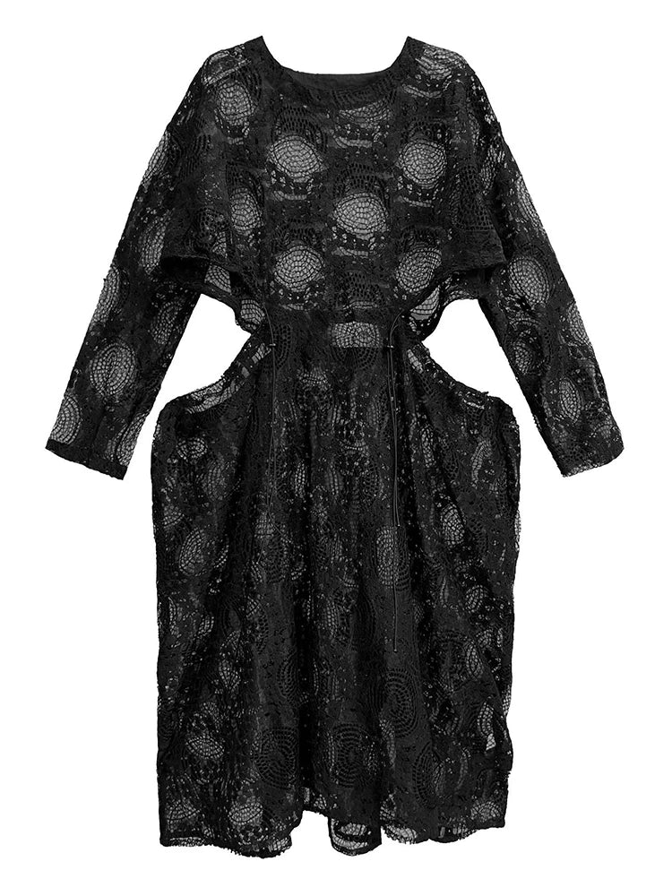 XITAO Embroidery Hollow Out O-neck Dress Casual Full Sleeve A-line Temperament Solid Color French Style Female Dress GYX1541